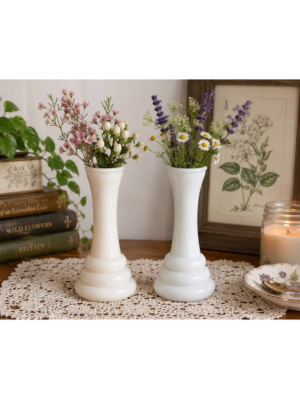 Vintage Randall Milk Glass Bud Vases Pair White Beehive MCM Cottage Tiered 6